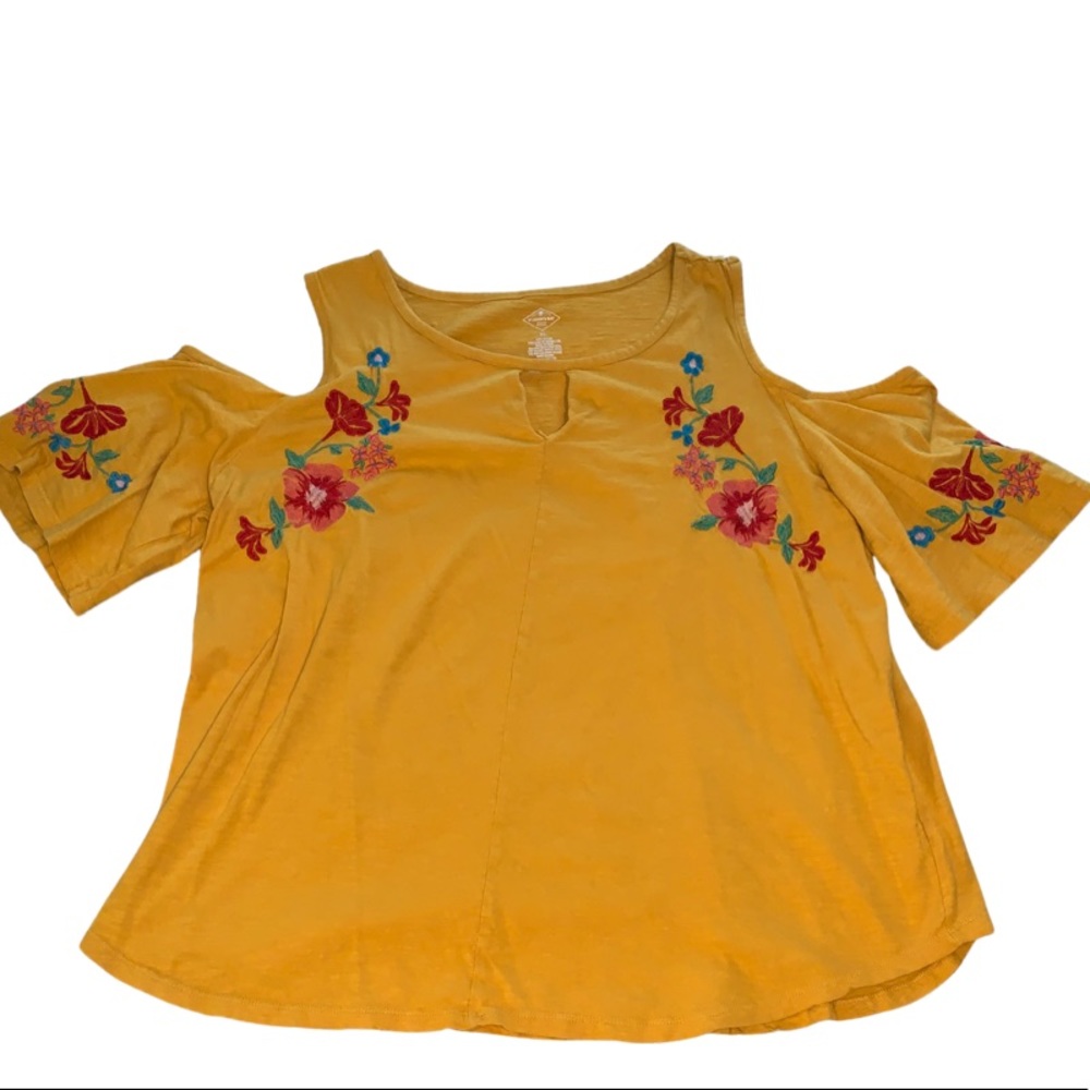 Yellow embroidered cold shoulder blouse
